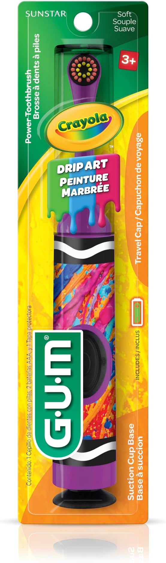 GUM Crayola Power Toothbrush for Kids, Extra Soft Bristled Toddler Toothbrushes, Travel Cap + Suction Cup Base, Batteries Included, 1ct (4pk)
