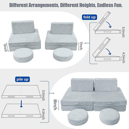 MeMoreCool Modular Kids Play Couch Sofa, Gray 8-Piece Fold-Out Convertible Toddler Couch with Rocket, Star, and Moon Patterns for Playroom