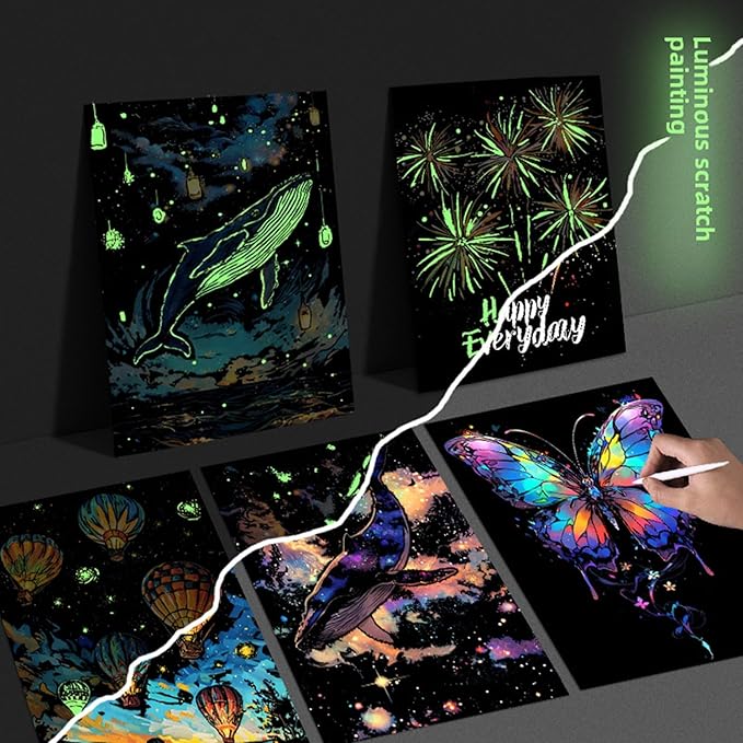 Georgie Porgy Scratch Paper Art Set for Kids Adults Magic Rainbow Painting Boards for DIY Arts and Crafts Kits Christmas Birthday Gift with Scratching Tools Kit (Glow in The Dark Butterfly + Whale)