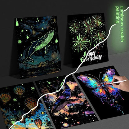 Georgie Porgy Scratch Paper Art Set for Kids Adults Magic Rainbow Painting Boards for DIY Arts and Crafts Kits Christmas Birthday Gift with Scratching Tools Kit (Glow in The Dark Butterfly + Whale)