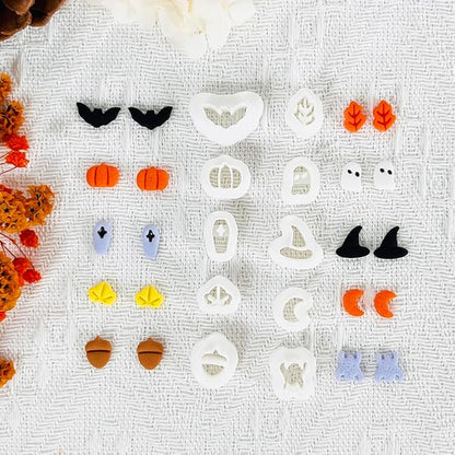 Xaekicr Halloween Polymer Clay Cutters Set - 10Pcs Clay Cutters for Polymer Clay Jewelry, Small Size Clay Tools for Earrings DIY, Fall Pumpkin Bat Witch Hat Molds