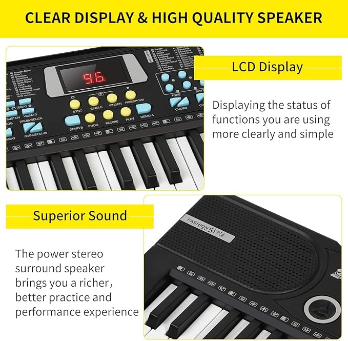 Kids Keyboard 61 Keys, Beginner Electronic Piano with One-Key Teaching 100 Tones & Rhythms, Portable Music Keyboard for Children with Microphone, Music Stand [Black, Piano Only]