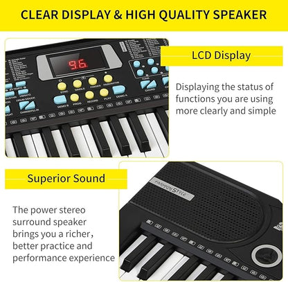 Kids Keyboard 61 Keys, Beginner Electronic Piano with One-Key Teaching 100 Tones & Rhythms, Portable Music Keyboard for Children with Microphone, Music Stand [Black, Piano Only]