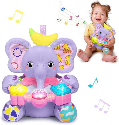 Holaxander Baby Elephant Musical Stuffed Animals Toy with Light-Up Music & Crinkle Sound Paper,Infant Bilingual Early Learning Education Toys,Tummy Time Toys for 0-3-6-12+ Months Boy Girl, Purple