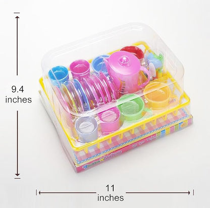 PowerTRC Kids Pretend Play Dishes Playset, Durable Kitchen Toys and Tea Set for Children, Wash and Dry Tea Playset with Dish Rack and Accessories (27 Pieces)