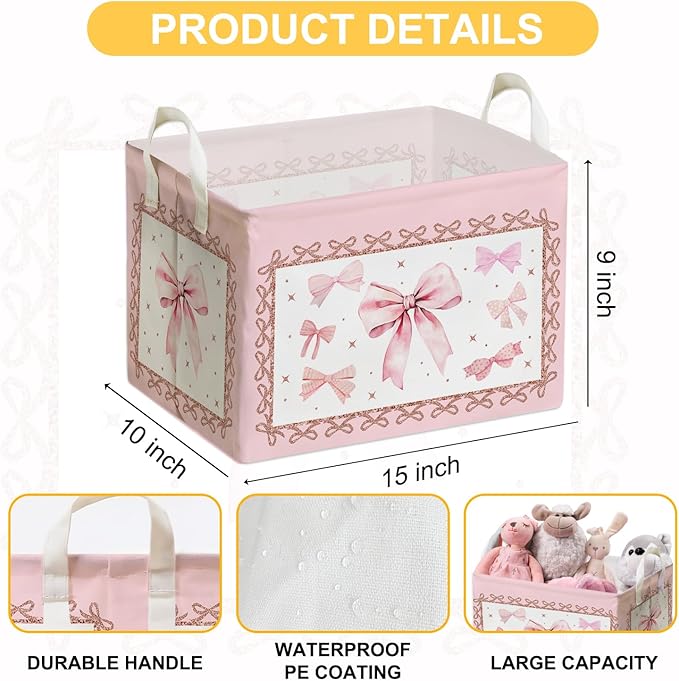 Pink Bow Foldable Storage Box, Waterproof Toy and Clothes Storage Box for Nursery Room, Pink Cute Bow Decorative Fabric Basket for Boys Girls Bedroom, Storage Basket Gifts for Bow Party Decoration