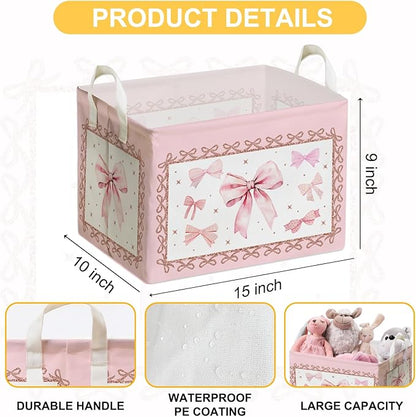 Pink Bow Foldable Storage Box, Waterproof Toy and Clothes Storage Box for Nursery Room, Pink Cute Bow Decorative Fabric Basket for Boys Girls Bedroom, Storage Basket Gifts for Bow Party Decoration