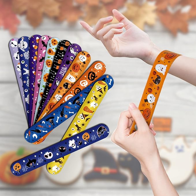 LOMIMOS 48PCS Halloween Slap Bracelets,Snap Wristbands with Assorted Pumpkin Skeleton Bat Spider for Kids Trick or Treat Gift Bag Filler Party Favors