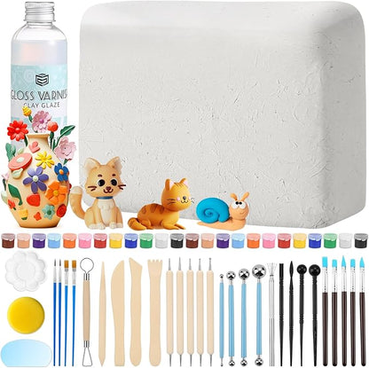 Natural Air-Dry Clay, 8 LBs Pottery Clay with 100ML Glaze Gloss Clay Varnish Protects and 27 PCS Pottery Tools Sculpting Tool Set, Air-Dry Clay Kit for Adults Beginner DIY Craft Gift