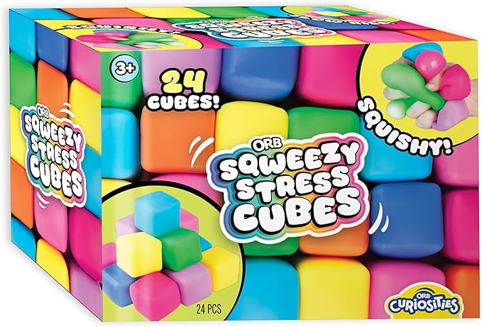 ORB 24 Pack Slow Rising Squishy Stress Cubes - Easy Sqweezy Squishy Cubes - Soft Dough Stress Balls and Fidgets for Anxiety and Stress Relief - Classroom Rewards, Party Favors for Kids, Teens, Adults