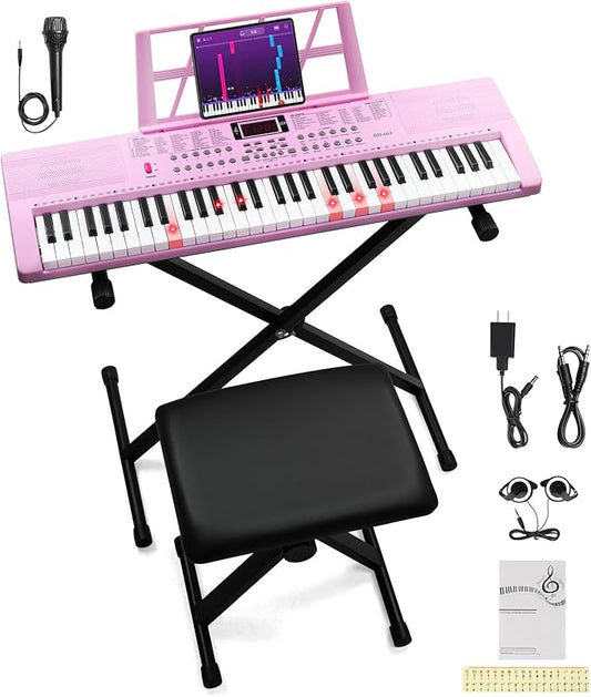 Ktaxon 61 Key Keyboard Piano Electric Keyboard, Electric Piano Set with Headphones, Microphone, Music Rest, Power Adapter, Piano Stand, Piano Bench and Manual (Compact X Stand-Pink w/Lighted Keys)