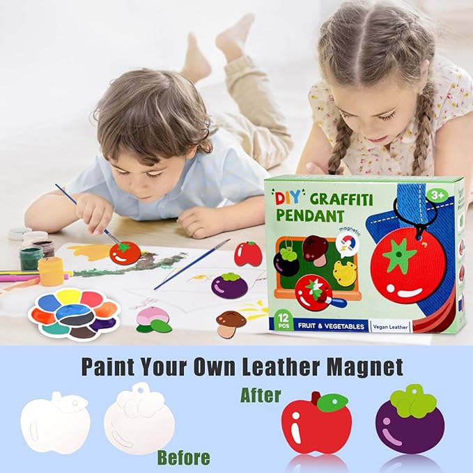 Magnetic Mini Tile Art-DIY Craft Kits for Kids,Fridge magnet painting kit for kids Ages 4-8,Soft Leather Fridge Magnets Craft Paint Set Fruit & Vegetables,Party Favors for Kids 8-12