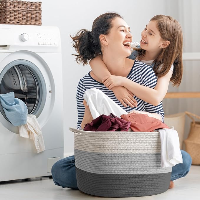 Maliton Large Blanket Basket, 22" X 22" X 14" Woven Baskets for storage Baby Laundry Hamper, Cotton Rope Blanket Basket for Living Room, Laundry, Nursery, Pillows, Clothes, Baby Toy chest (White&Grey)