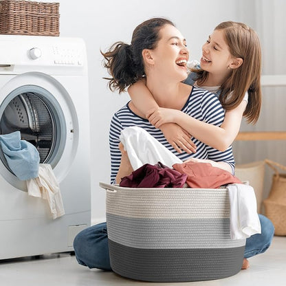 Maliton Large Blanket Basket, 22" X 22" X 14" Woven Baskets for storage Baby Laundry Hamper, Cotton Rope Blanket Basket for Living Room, Laundry, Nursery, Pillows, Clothes, Baby Toy chest (White&Grey)