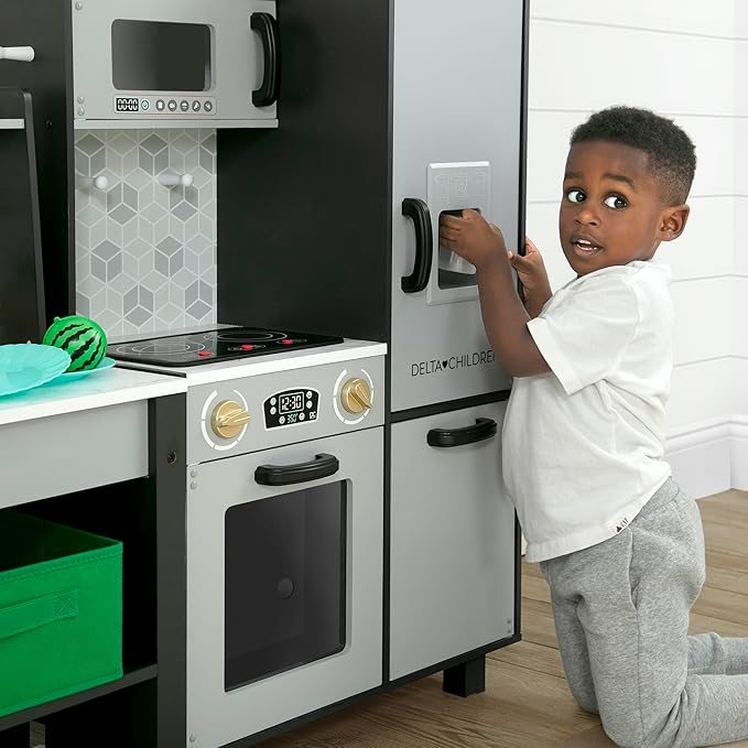 Delta Children Gourmet All-in-One Corner Play Kitchen - Toy Kitchen Playset with Safe & Heatless Stove with Lights, Oven, Sink, Fridge/Freezer with Ice Maker and 20 Accessories, Grey