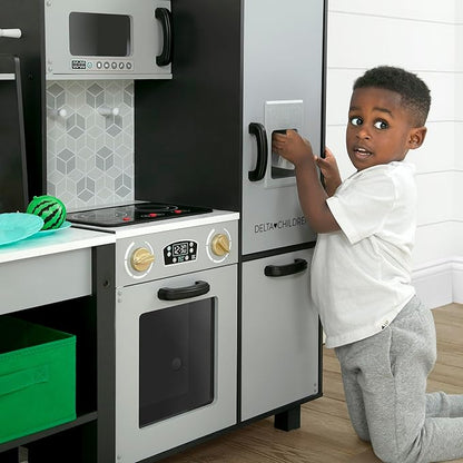 Delta Children Gourmet All-in-One Corner Play Kitchen - Toy Kitchen Playset with Safe & Heatless Stove with Lights, Oven, Sink, Fridge/Freezer with Ice Maker and 20 Accessories, Grey