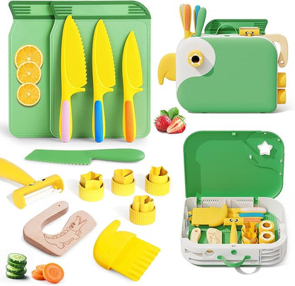 Kids Kitchen Knife Set for Real Cooking with Storage Box Green, Montessori Kitchen Toy with Cutting Board, Plastic Toddler Knives, Peeler, Wooden Safe Knife for Age 3 4 5 6 7 8