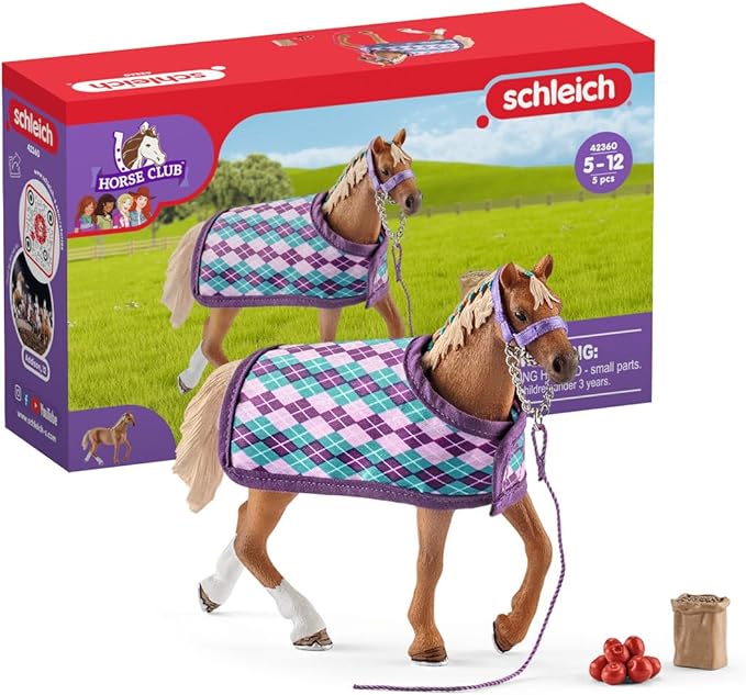 Schleich Horse Club, Toys for Girls and Boys, Engligh Thoroughbred Horse Set with Horse Toy and Accessories, 4 Pieces, Ages 5+