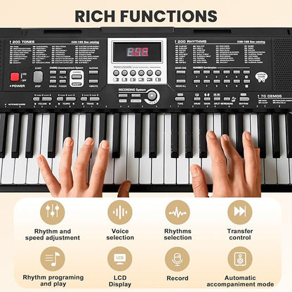 61-Key Electronic Keyboard Piano for Beginners with 200 Tones & Rhythms, Microphone, Learning Features, and Piano Note Stickers