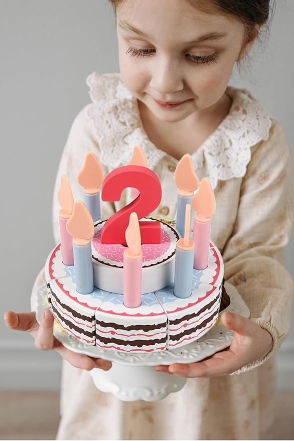 Wooden Birthday Cake Toy Set for Kids, 33 PCS Pretend Play Food, 5" Cake with Candles Fresh Fruit Plate Number 1-5, Wooden Play Kitchen Accessories