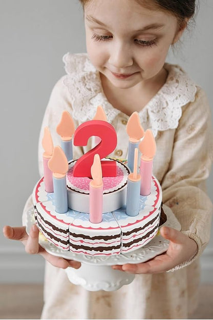 Wooden Birthday Cake Toy Set for Kids, 33 PCS Pretend Play Food, 5" Cake with Candles Fresh Fruit Plate Number 1-5, Wooden Play Kitchen Accessories