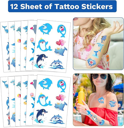 98 PCS Dolphin Party Favors, Dolphin Temporary Tattoos Slap Bracelets Keychains Stickers Badges for Dolphin Birthday Party Decorations Supplies Gifts for Kids Teens Boys Girls Classroom Rewards