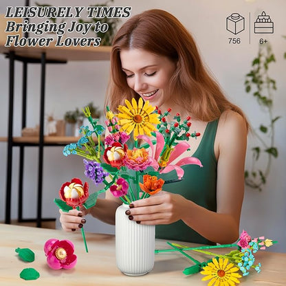 756 PCS Flower Bouquet Building Sets - 11 Kinds of Building Block Flowers, Botanical Collection Crafts Set for Home Office Decoration, Valentines Day for Adults Girl, No Vase