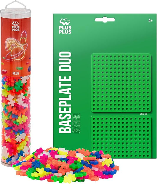 PLUS PLUS 240 Piece Interlocking Building Blocks for Kids, Open Ended Connecting Toys, STEM Bin Mini Manipulatives - Neon Mix Play Tube & Baseplate