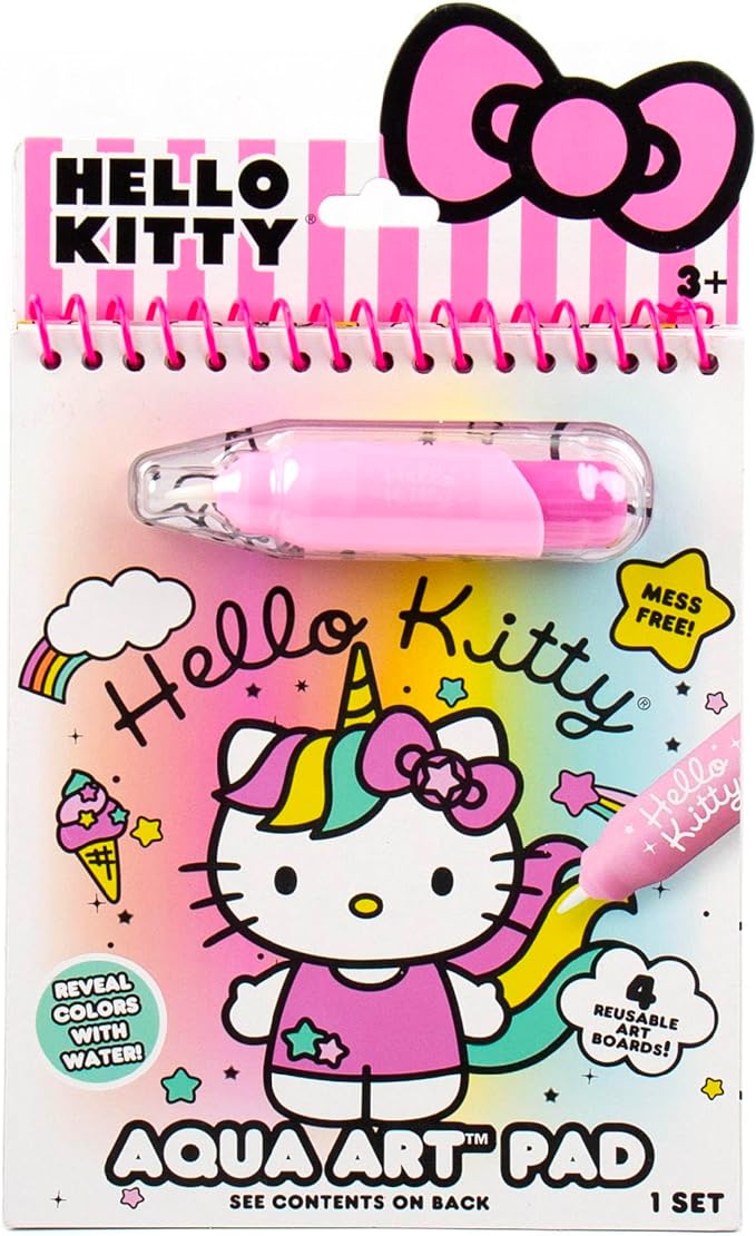 Hello Kitty Aqua Art Pad, 4 Art Pages, On The Go Reusable Water-Reveal Activity Pad, Mess Free Arts And Crafts, Paint with Water Brush Set, Kids Toys, Sanrio Stuff, Hello Kitty Craft Kits For Kids 3+