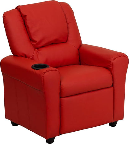 Flash Furniture Vana Vinyl Kids Recliner with Cup Holder, Headrest, and Safety Recline, Contemporary Reclining Chair for Kids, Supports up to 90 lbs., Red
