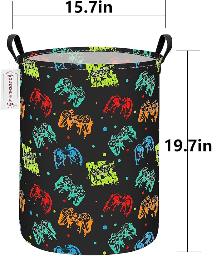 QUEENLALA Large Storage Basket,Laundry Hamper/Bathroom/Home Decor/Collapsible Round Storage Bin,Boys and Girls Hamper/Boxes/Clothing(Round-Black Game)