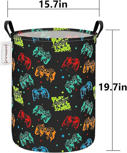 QUEENLALA Large Storage Basket,Laundry Hamper/Bathroom/Home Decor/Collapsible Round Storage Bin,Boys and Girls Hamper/Boxes/Clothing(Round-Black Game)