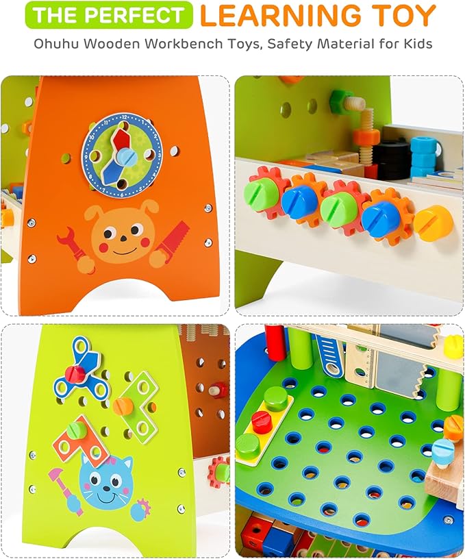Ohuhu Kids Tool Set: 89Pcs Wooden Toddler Tool Workbench Toy Set with Construction Learning Educational Bench Play Toys for Boys Girls Age 3 4 5 6 7 Birthday