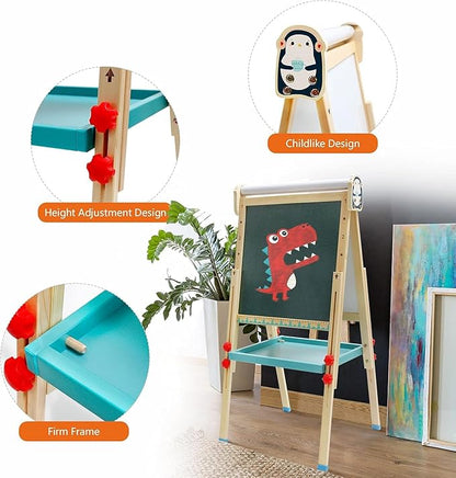 Children's Art Easel with Paper Roll,Double-Sided Whiteboard&Chalkboard,Adjustable Magnetic Standing Easel with Numbers and Other Accessories,Painting Easel for Girls Boys