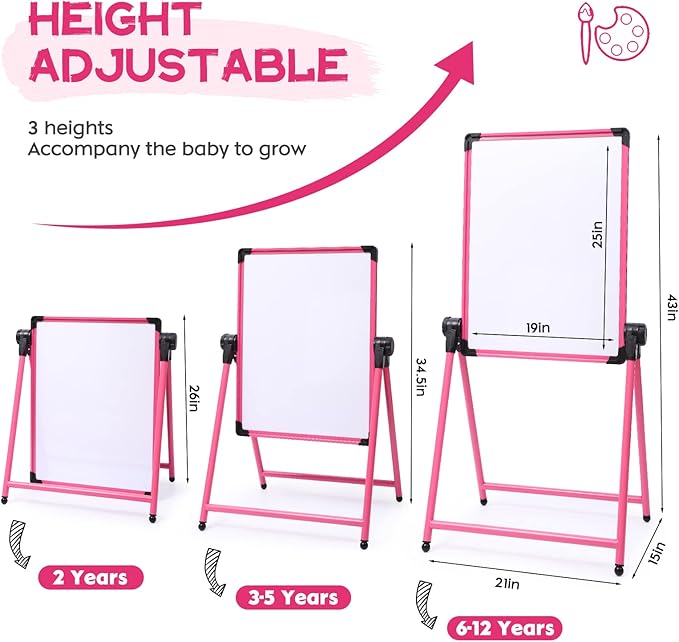 Kids Art Easel Double-Sided Easel Designed with Height Adjustable Function & Large Storage Bag Whiteboard & Chalkboard 360°Rotating Kids Drawing Easels for Kids Toddlers (26inch-43inch)