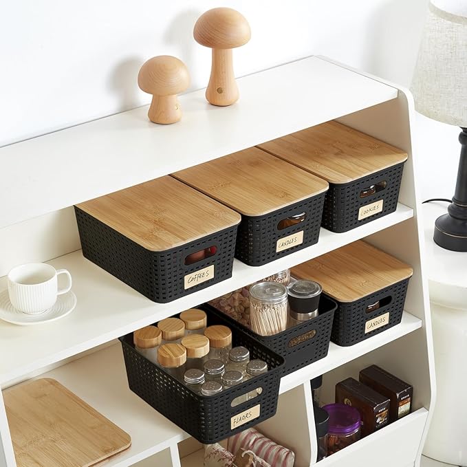 Bagnizer Small Plastic Storage Bins with Bamboo Lids 5.2qt Stackable Box Basket Pantry Decorative Containers Cute with Lable for Organizing Desktop Closet Office Black of 6 packs 10 * 7.2 * 4.1'’