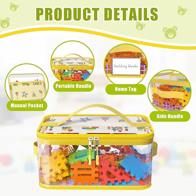 8 Packs Large Toy Storage Bags with Labels, Reusable Clear PVC Board Game Storage, Travel Waterproof Toy Organizer Bags with Name Tag and Manual Pocket for Building Blocks, Puzzle, Kids Books