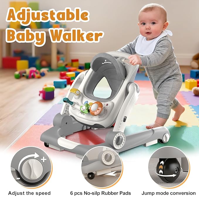 5-in-1 Baby Walker with Wheels, Baby Walkers for Boys Girls 6-18 Months, Foldable Adjustable Walker with Bouncer, Feeding Tray, Music & Detachable Footrest(Grey)