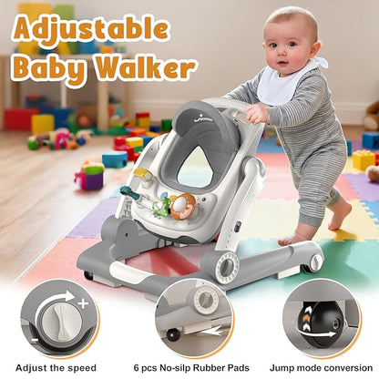 5-in-1 Baby Walker with Wheels, Baby Walkers for Boys Girls 6-18 Months, Foldable Adjustable Walker with Bouncer, Feeding Tray, Music & Detachable Footrest(Grey)