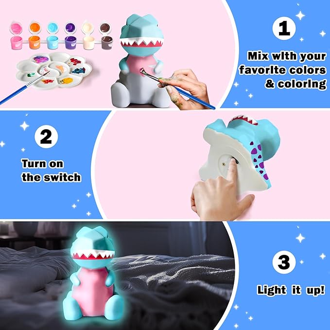 FUNZBO 4.3in Paint Your Own Dinosaur Lamp - Arts and Crafts Supplies Painting Kit for Kids Teens Adults, DIY Toys for Toddlers Boys Girls Age 3 4 5 6 7 8 9 10 11 12 13 Easter Holiday Birthday Gift