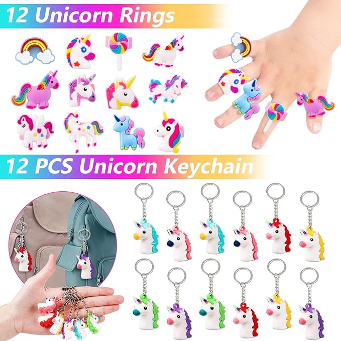72Pcs Unicorn Party Favors Birthday Supplies for Girls Unicorn Silicone Bracelets Necklaces Rings Keychains Tattoos Rainbow Unicorn Gifts Toys Unicorn Party Supplies Gift Goodie Bag Fillers
