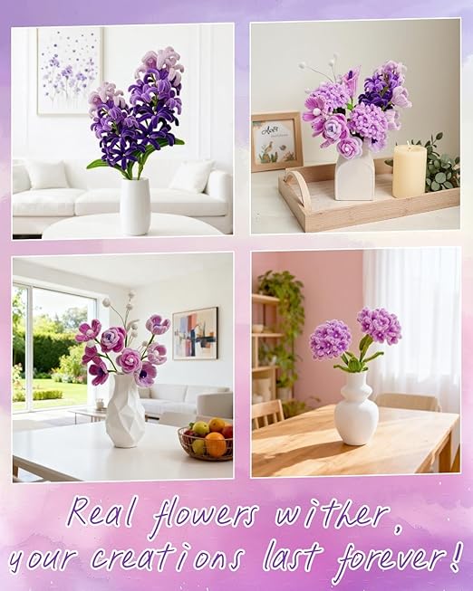 500 Pcs Gradient Purple Pipe Cleaners Flower kit,Chenille Stems for DIY Art Projects Creative Gift,Pipe Cleaners Craft with tutoria,Pearls,Pompoms,Green Floral Wires,Gardening Tape,Stamen