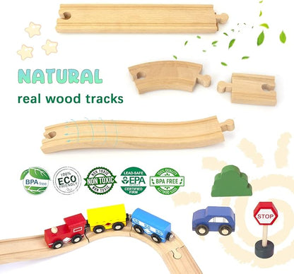 60Pcs Train Set for 3 Year Old Boys, Double-Side Wooden Train Set Tracks for Toddlers, Fits Brio, Thomas, Melissa and Doug, Kids Wood Train Toys for 3 4 5 Year Old Boys and Girls (Yellow)