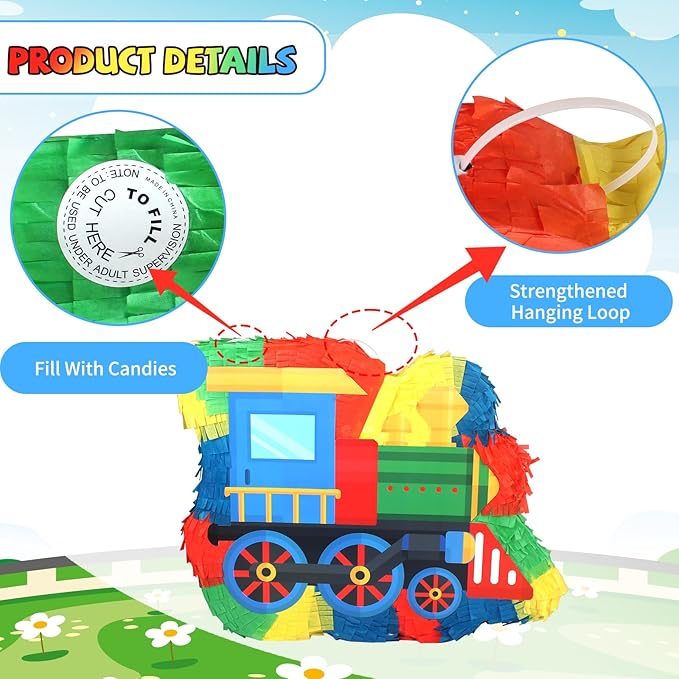 3D Train Pinata with Blindfold Stick Confetti, Railroad Themed Party Supplies, Train Pinata for Boys Birthday Party Supplies,Train Theme Party Decoration for Kids Girls Boys,15.8x11.8x2 Inches