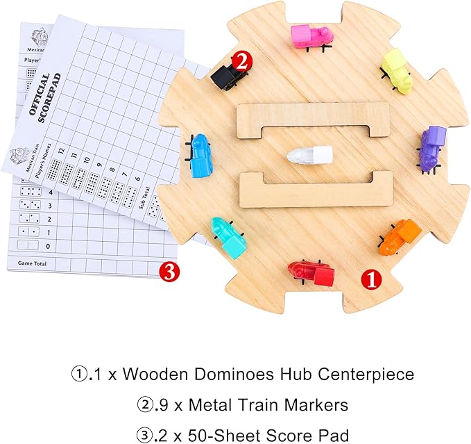 Mexican Train Dominoes Accessories Set - 1 Pine Wooden Mexican Train Hub with Felted Bottom, 9 Colorful Metal Mexican Train Markers, 2 * 50-Sheet Mexican Train Score Pads