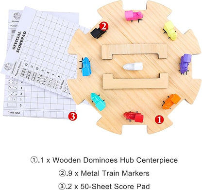 Mexican Train Dominoes Accessories Set - 1 Pine Wooden Mexican Train Hub with Felted Bottom, 9 Colorful Metal Mexican Train Markers, 2 * 50-Sheet Mexican Train Score Pads