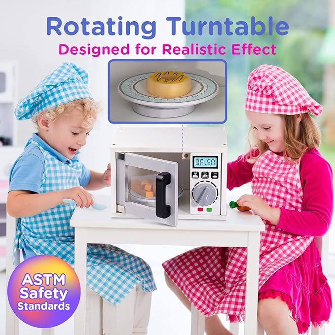 Play Brainy Pretend Toy Microwave for Kids with Rotating Turnable, 11 Pc. Set, Fun and Interactive Wooden Early Learning Kitchen Accessories Playset for Girls and Boys 3+