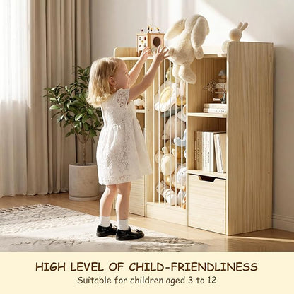 Toy Storage Organizer with Stuffed Animal Storage, Solid Pine Wooden Toy Organizer & Stuffed Animal Zoo, 4 Cubes Shelf with 2 Movable Drawers, 4 -in-1 Book Shelf for Kids Room, Playroom, Nursery