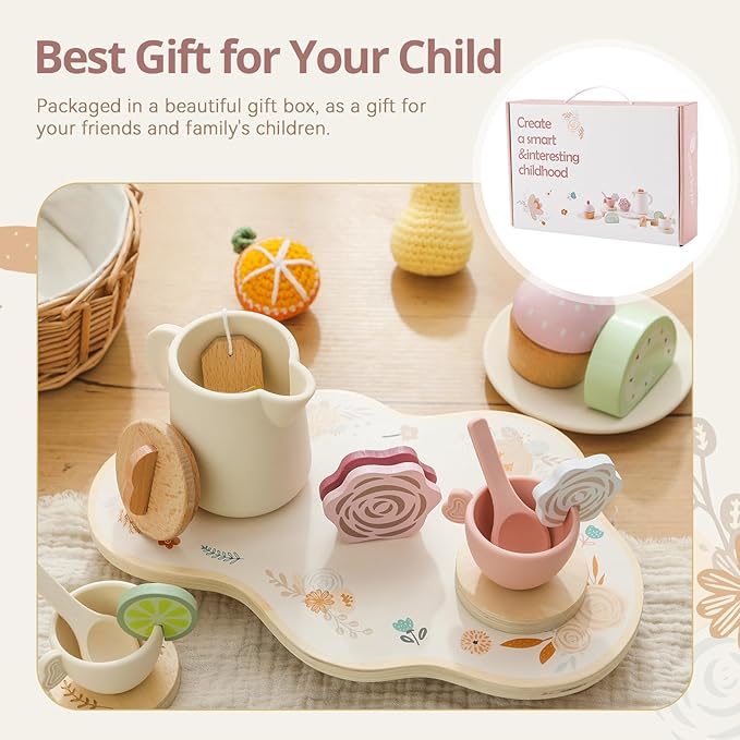 Tea Party Set for Kids - Wooden Tea Set for Little Girls 15PCS Silicone Toddler Tea Set Kitchen Accessories Pretend Play Toy Tea Set for Toddlers - Birthday Gift