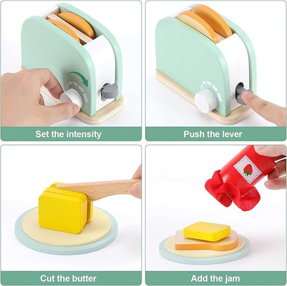 WHOHOLL Wooden Kitchen Toys, Pop-Up Toaster for Kids Play Kitchen, Bread Maker Toy Kitchen Appliances, Play Kitchen Accessories for Toddlers Early Learning, Pretend Play Food Sets for Girls and Boys